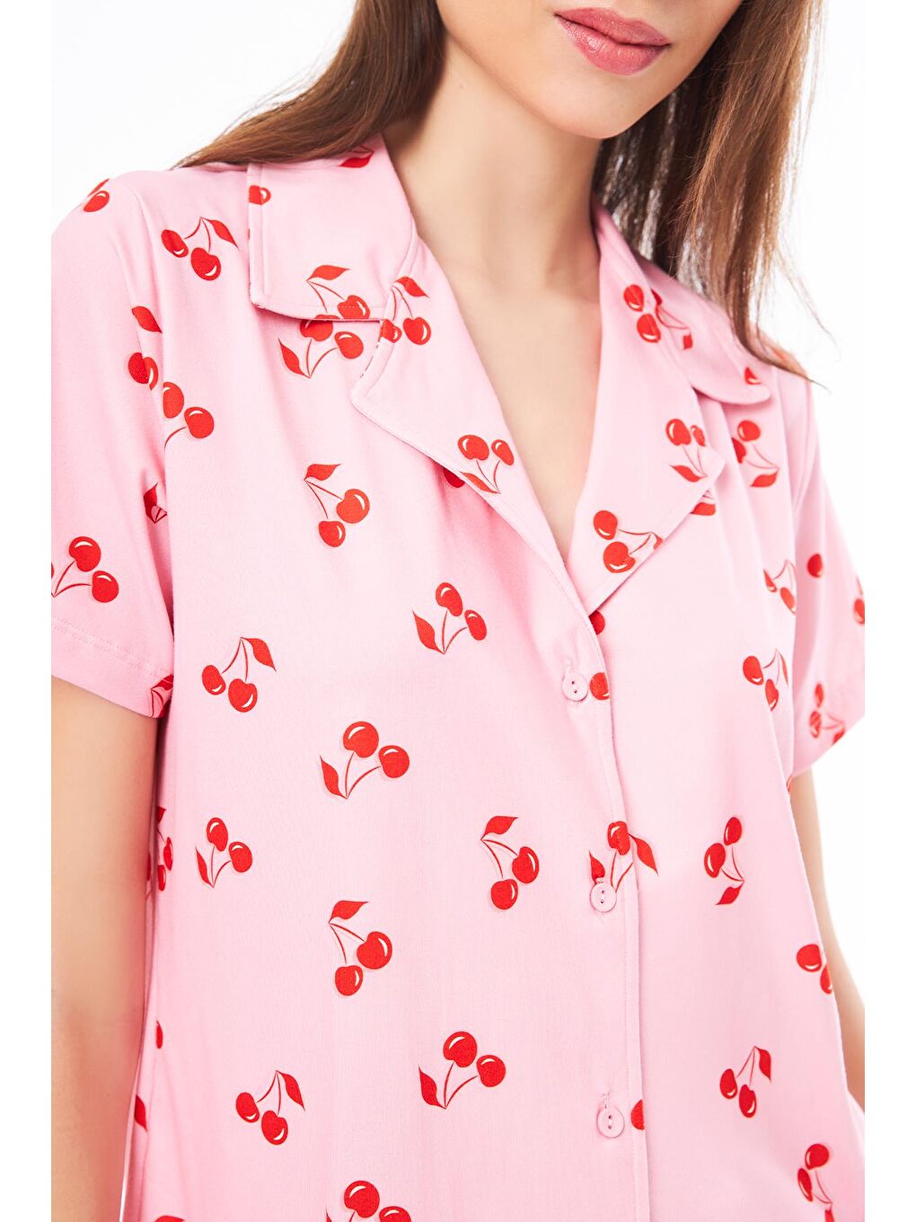 Pembe Premium Kadın Pijama Takımı Kiraz Desenli Yumuşak Dokulu Kısa Kollu Gömlek Yaka-8