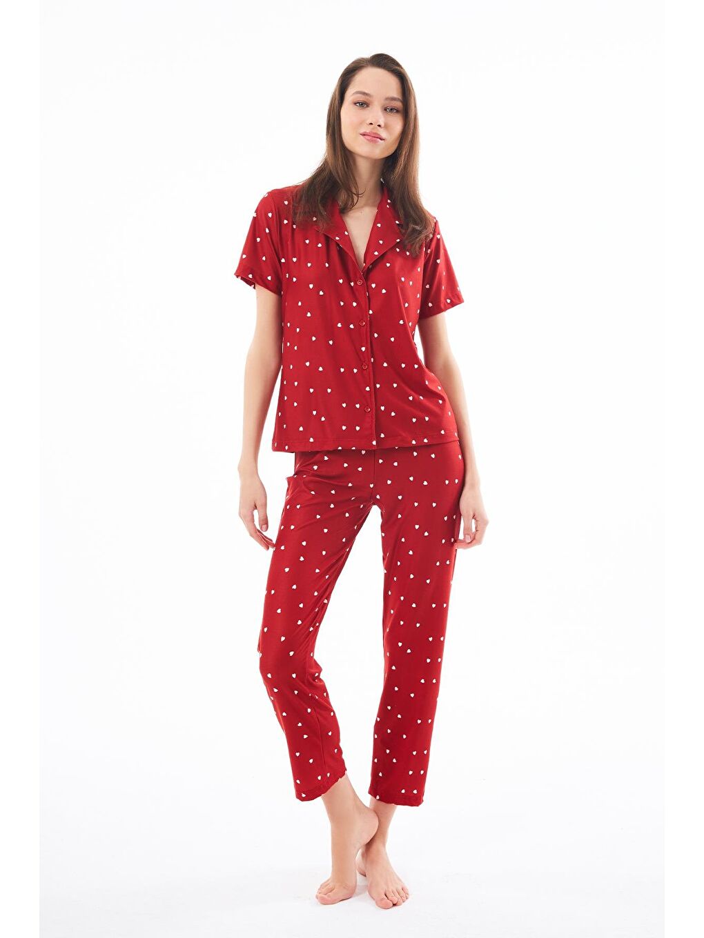 Premium Kadın Pijama Takımı Kırmızı Kalp Desenli Yumuşak Dokulu Kısa Kollu Gömlek Yaka-5
