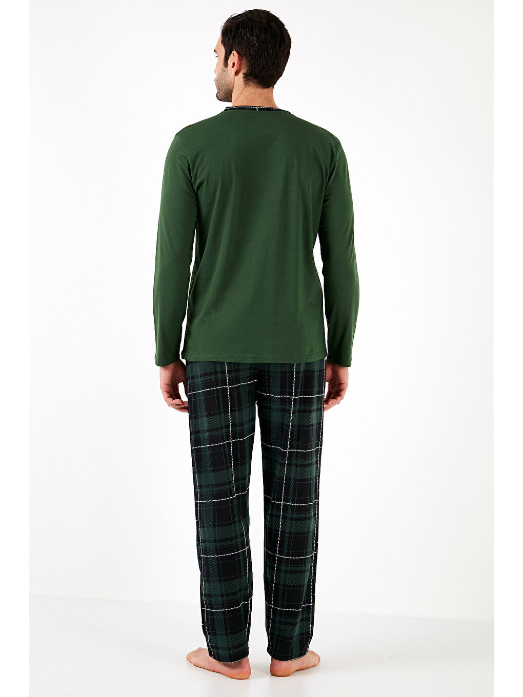 Yeşil Ekoseli Pamuklu Regular Fit Uzun Kollu Pijama Takımı 60961004-6