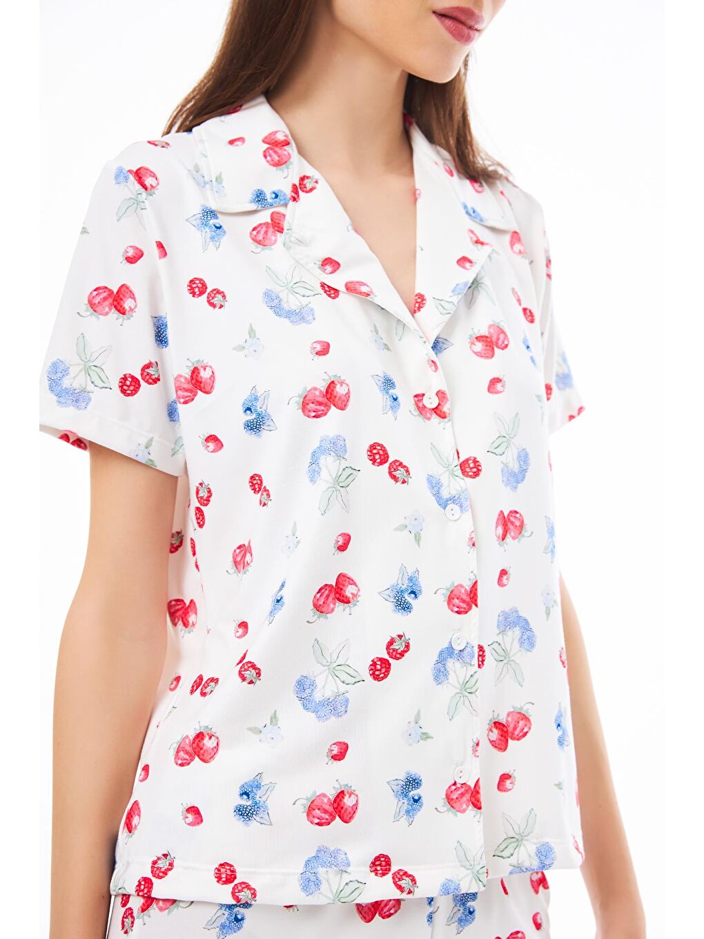 Ekru Premium Kadın Pijama Takımı Meyve Desenli Yumuşak Dokulu Kısa Kollu Gömlek Yaka-5
