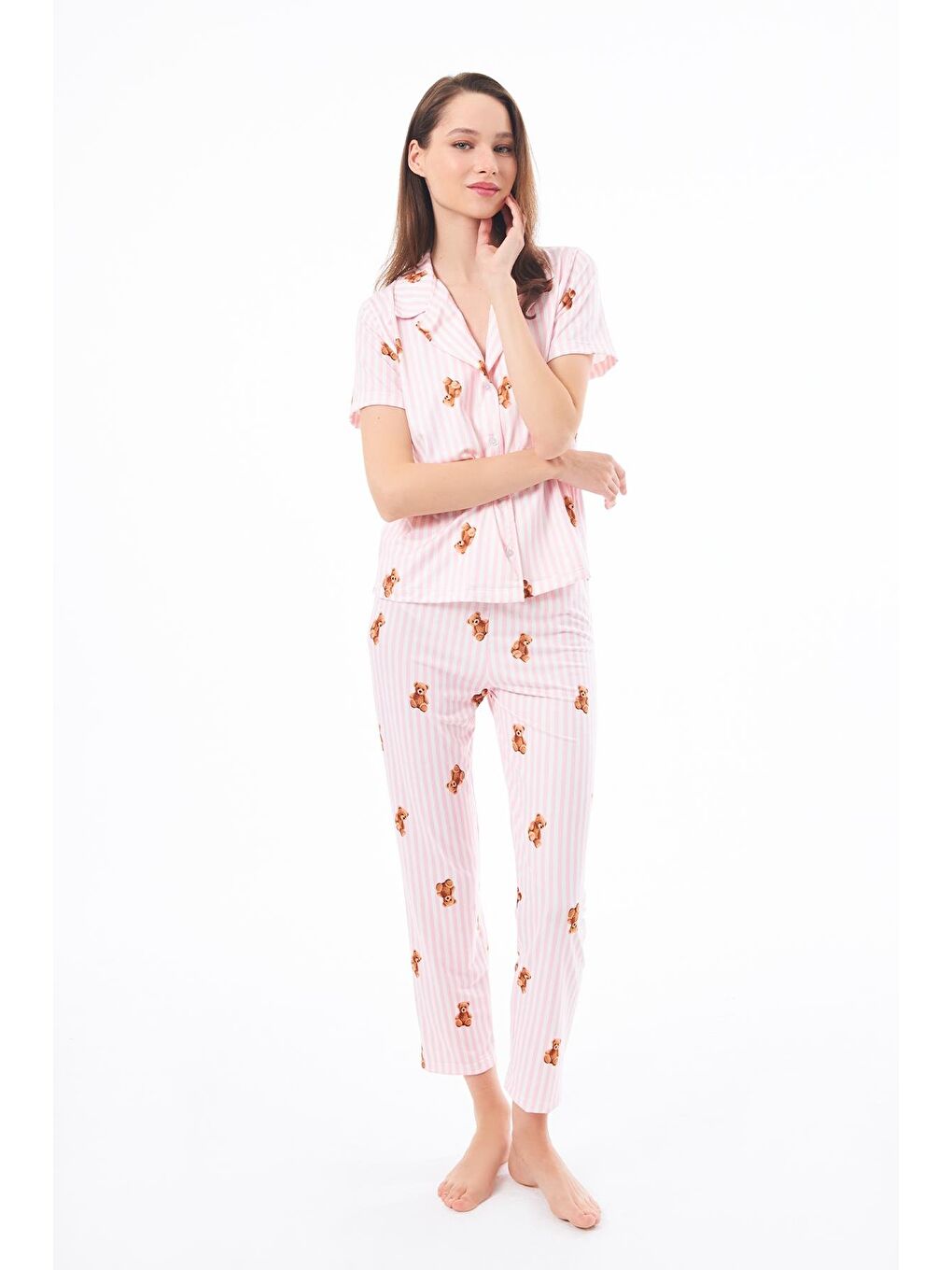 Pembe Premium Kadın Pijama Takımı Krem Ayıcık Desenli Yumuşak Dokulu Kısa Kollu Gömlek Yaka-5
