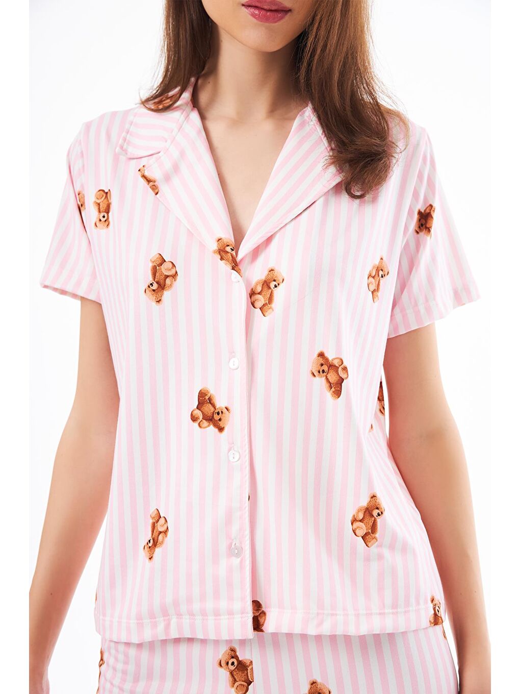 Pembe Premium Kadın Pijama Takımı Krem Ayıcık Desenli Yumuşak Dokulu Kısa Kollu Gömlek Yaka-6