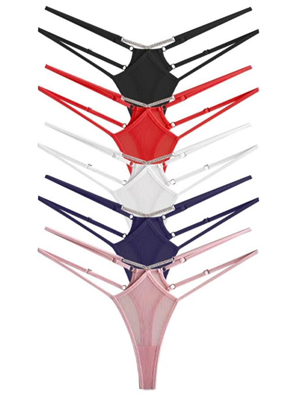 Karışık Tül Transparan Ayarlanabilir Lastikli Taş Detaylı Kadın Tanga Külot 5'Li Paket