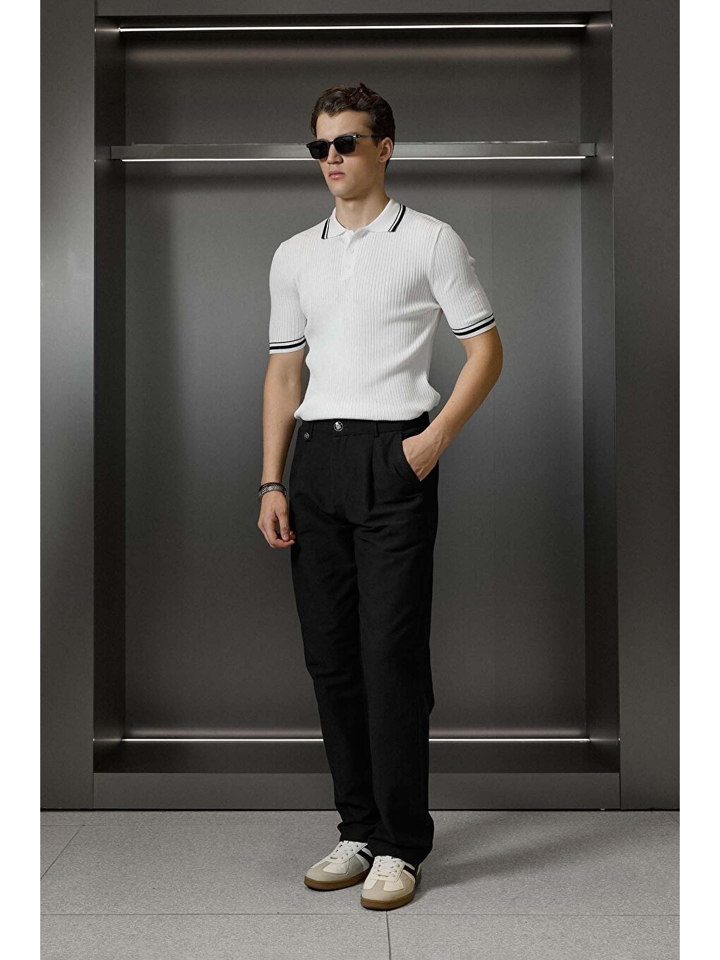 Erkek Regular Fit Pamuklu Kontrast Detaylı Polo Yaka T-Shirt Beyaz-5