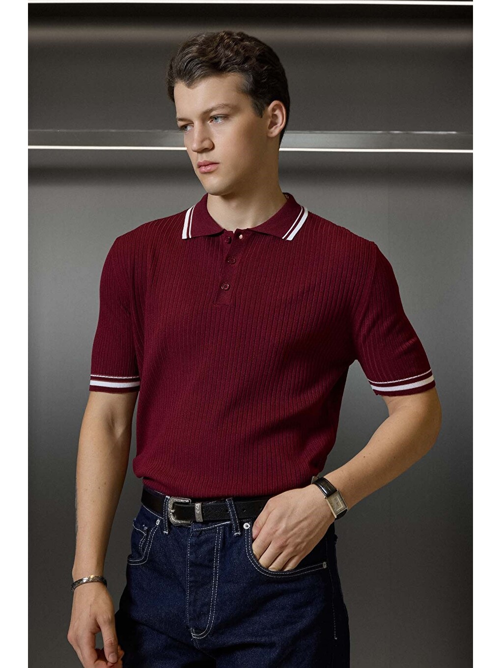 Erkek Regular Fit Pamuklu Kontrast Detaylı Polo Yaka T-shirt Bordo-2