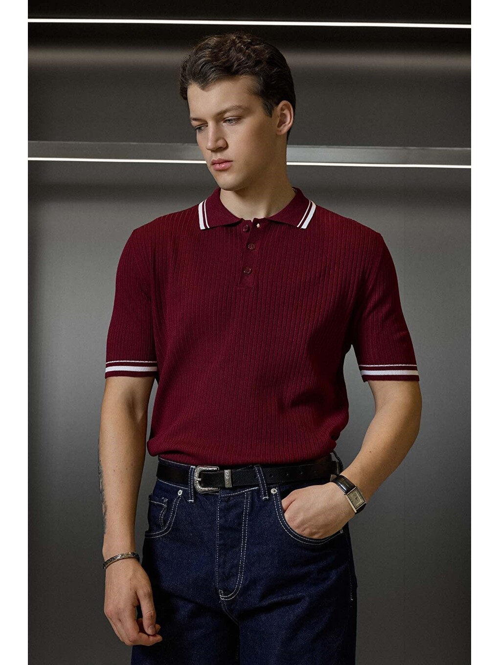 Erkek Regular Fit Pamuklu Kontrast Detaylı Polo Yaka T-shirt Bordo-4