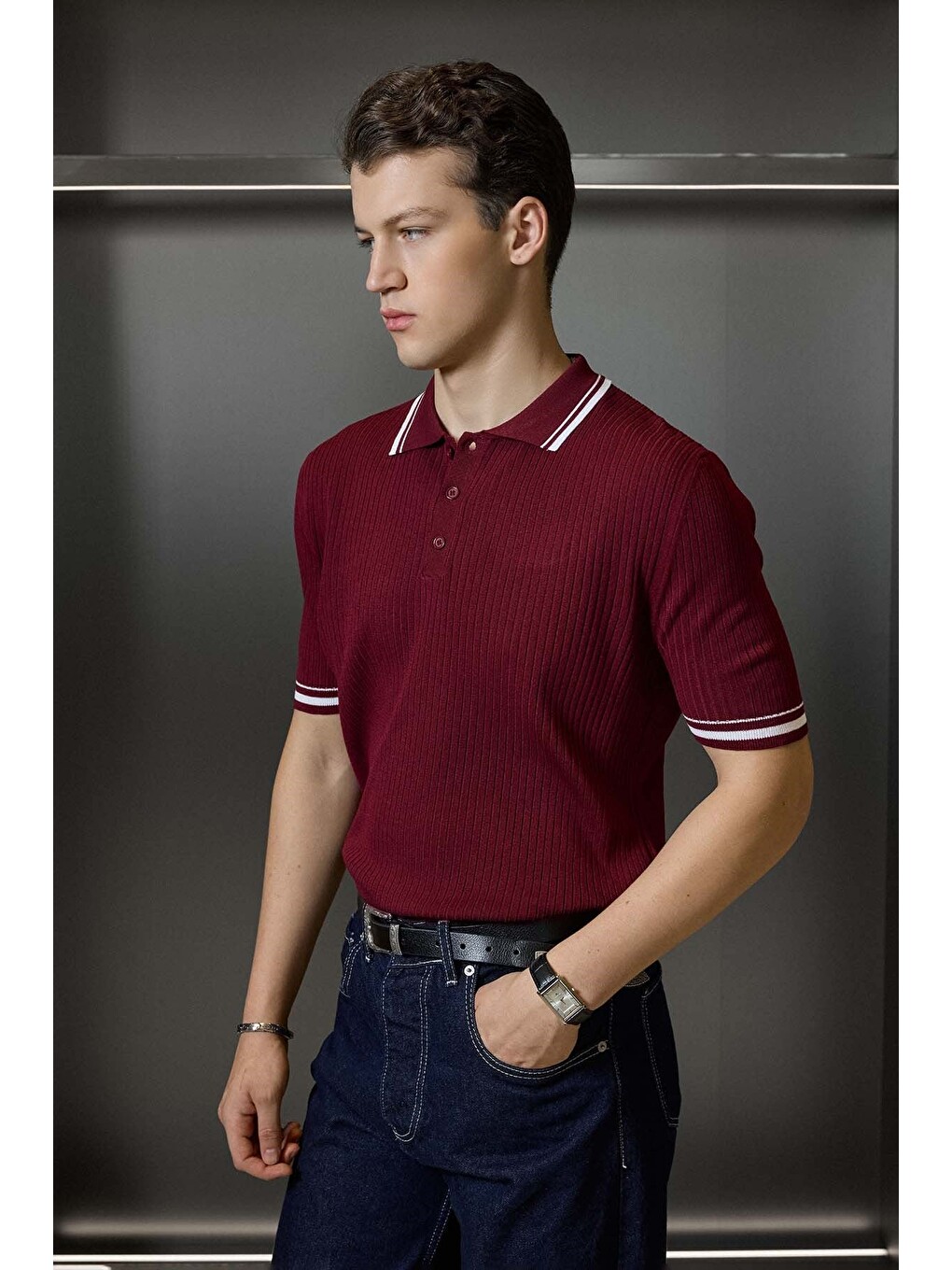 Erkek Regular Fit Pamuklu Kontrast Detaylı Polo Yaka T-shirt Bordo-5