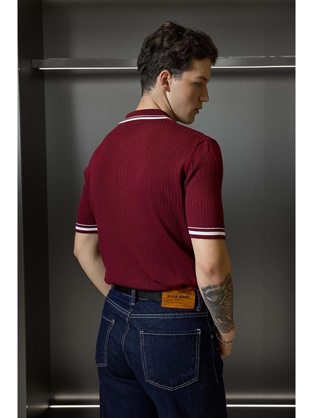 Erkek Regular Fit Pamuklu Kontrast Detaylı Polo Yaka T-shirt Bordo-6