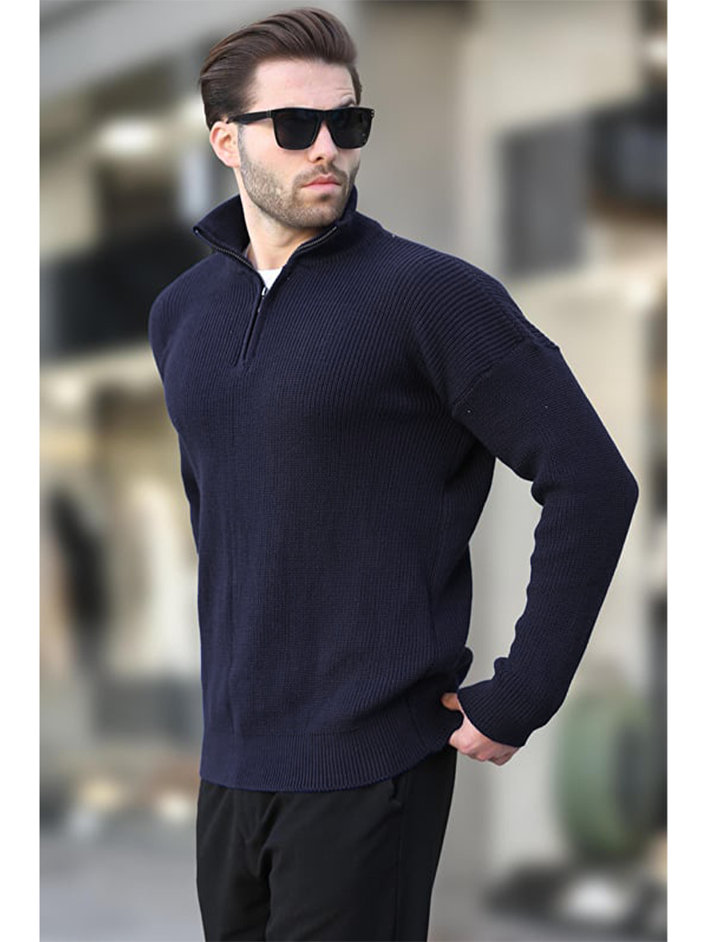 Lacivert Fermuar Yaka Triko Erkek Kazak E7295