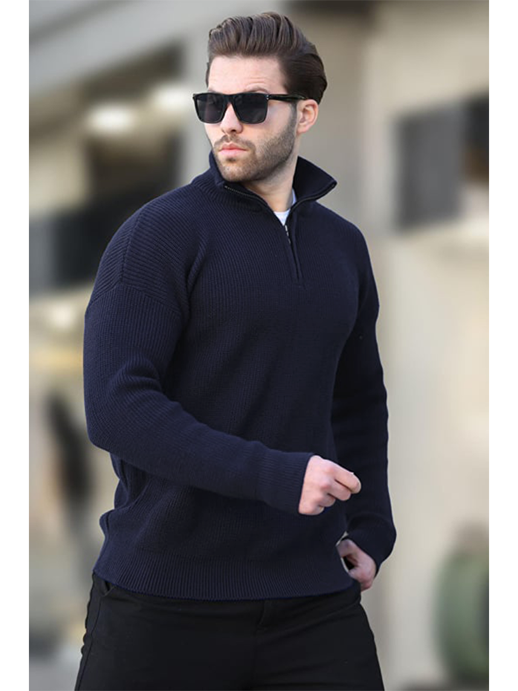 Lacivert Fermuar Yaka Triko Erkek Kazak E7295-1