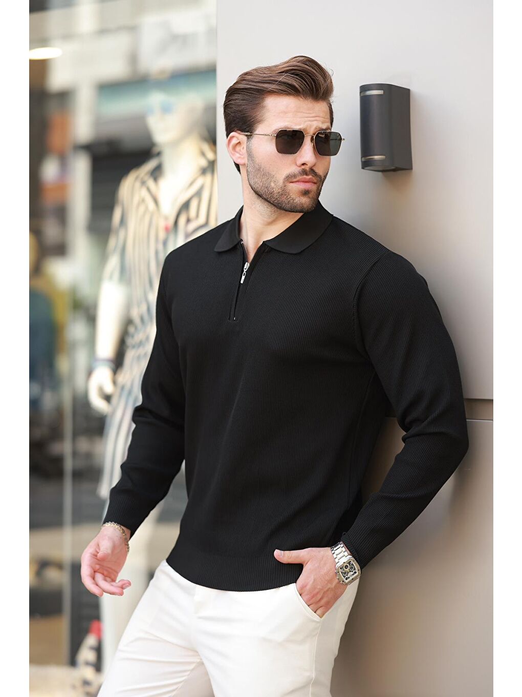 Siyah Polo Yaka Fermuarlı Uzun Kollu Erkek Kazak 7240