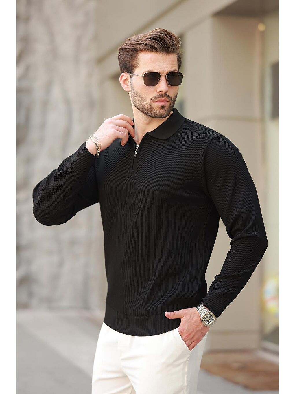 Siyah Polo Yaka Fermuarlı Uzun Kollu Erkek Kazak 7240-1