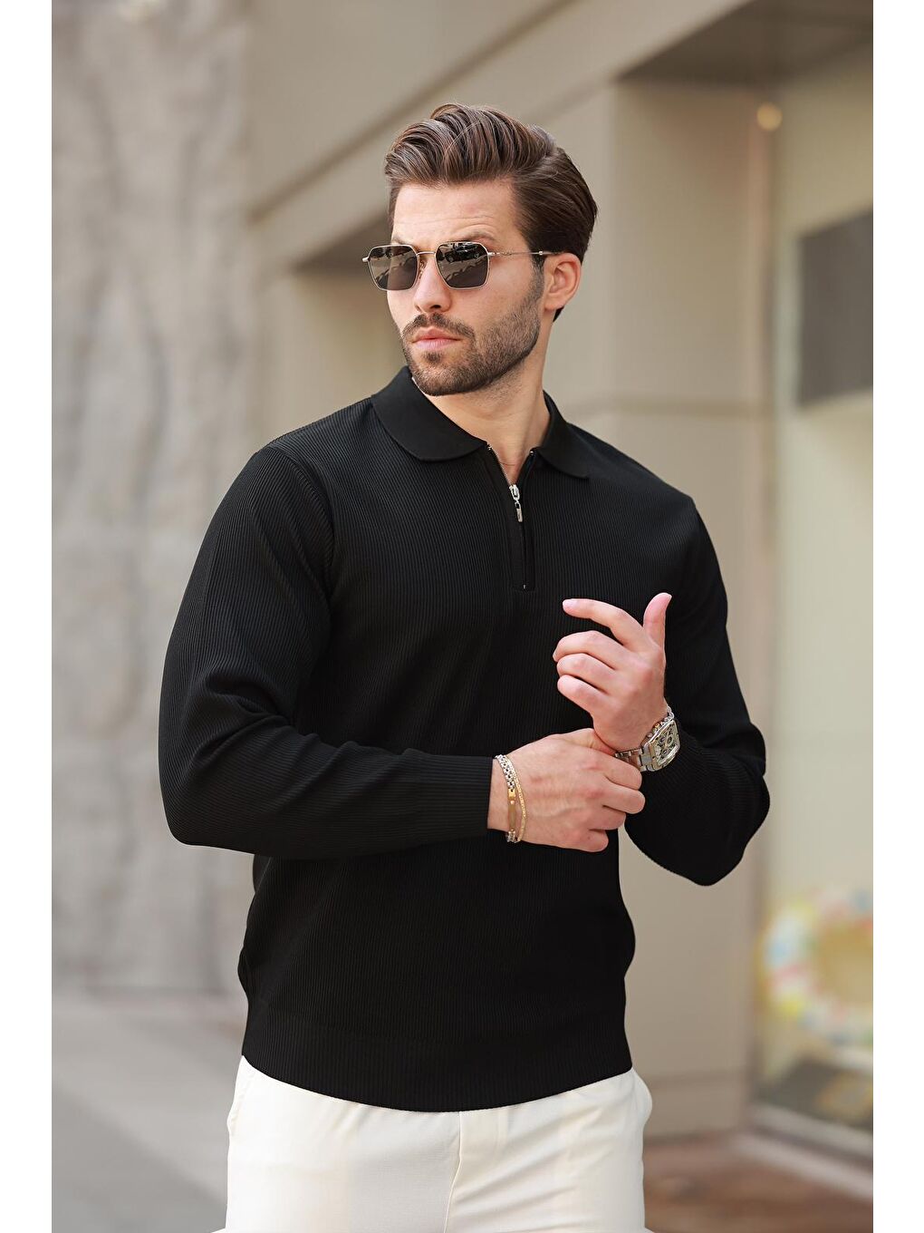 Siyah Polo Yaka Fermuarlı Uzun Kollu Erkek Kazak 7240-2