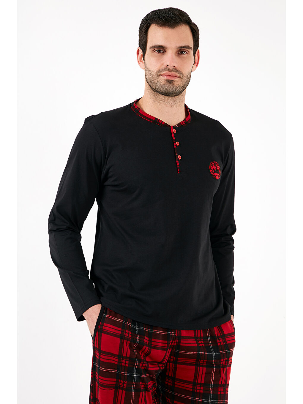 Siyah Ekoseli Pamuklu Regular Fit Uzun Kollu Erkek Yılbaşı Temalı Pijama Takımı 60961004-5