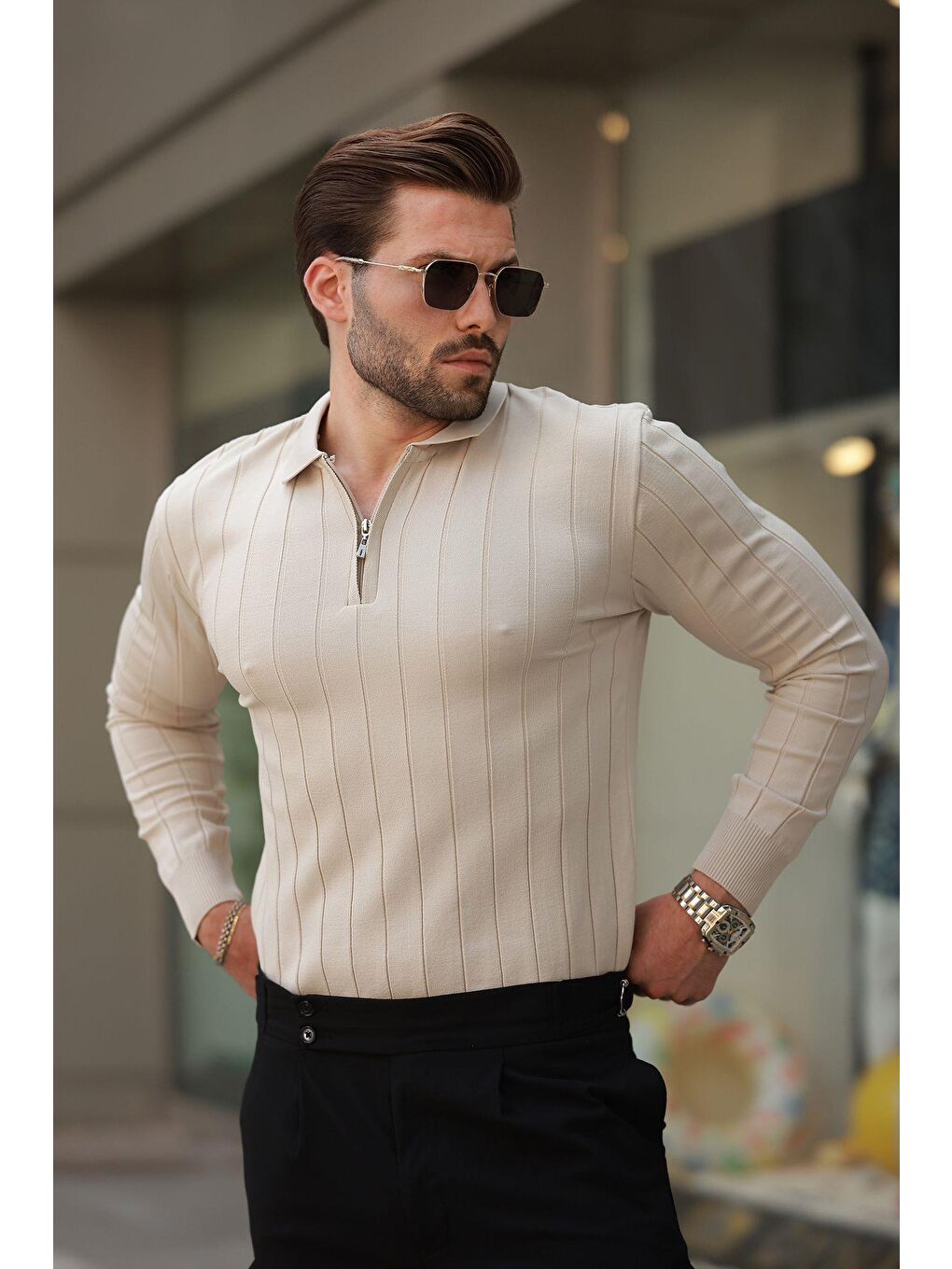 Bej Polo Yaka Fermuarlı Örme Kazak-3