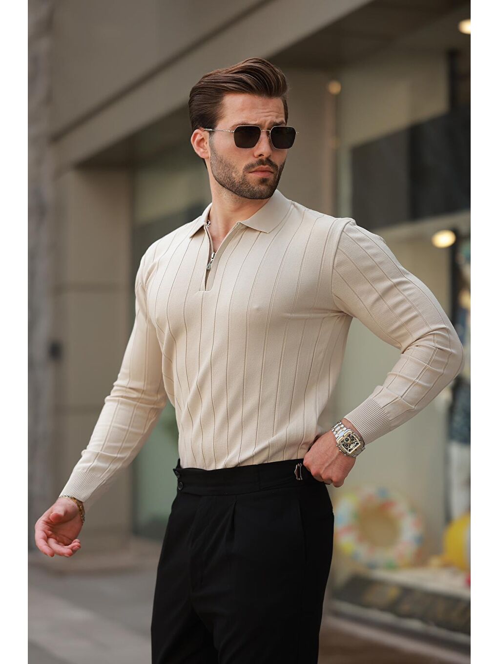 Bej Polo Yaka Fermuarlı Örme Kazak-4