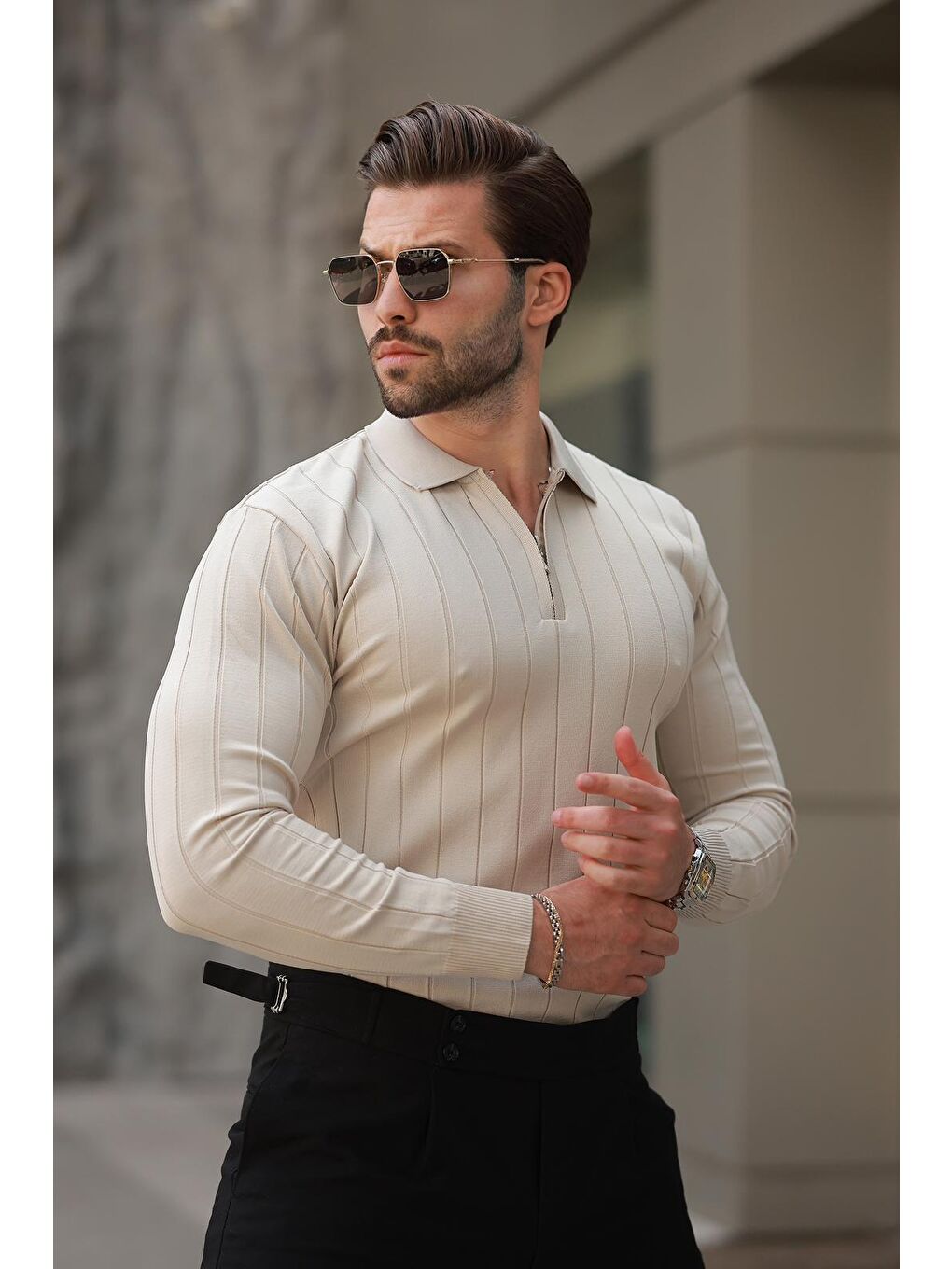 Bej Polo Yaka Fermuarlı Örme Kazak-5