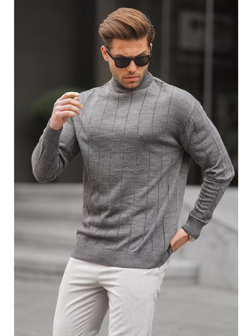 Antrasit Slim Fit Yarım Balıkçı Yaka Çizgili Tüylenmeyen Erkek Triko Kazak 6344-1