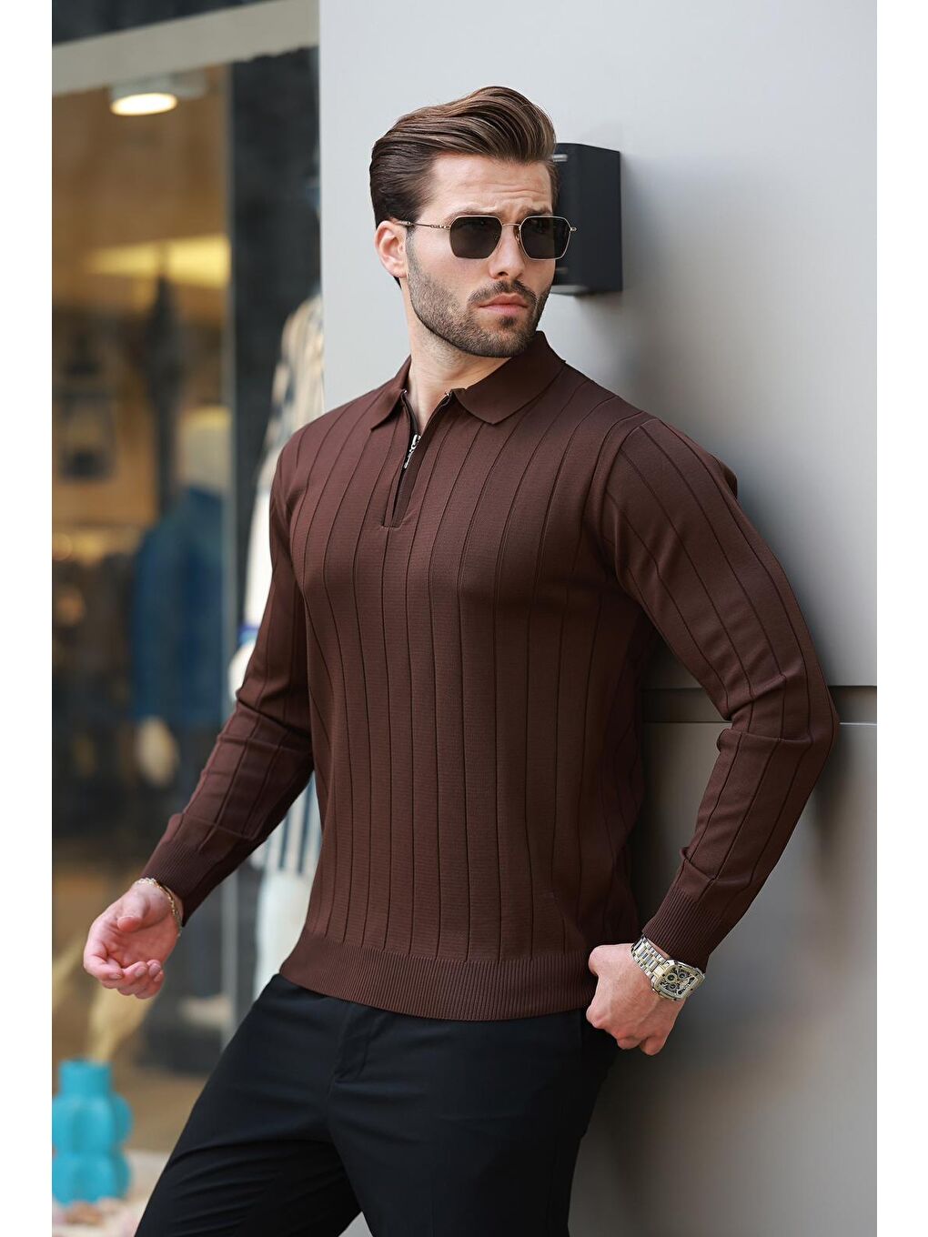 Kahverengi Polo Yaka Fermuarlı Örme Kazak-2