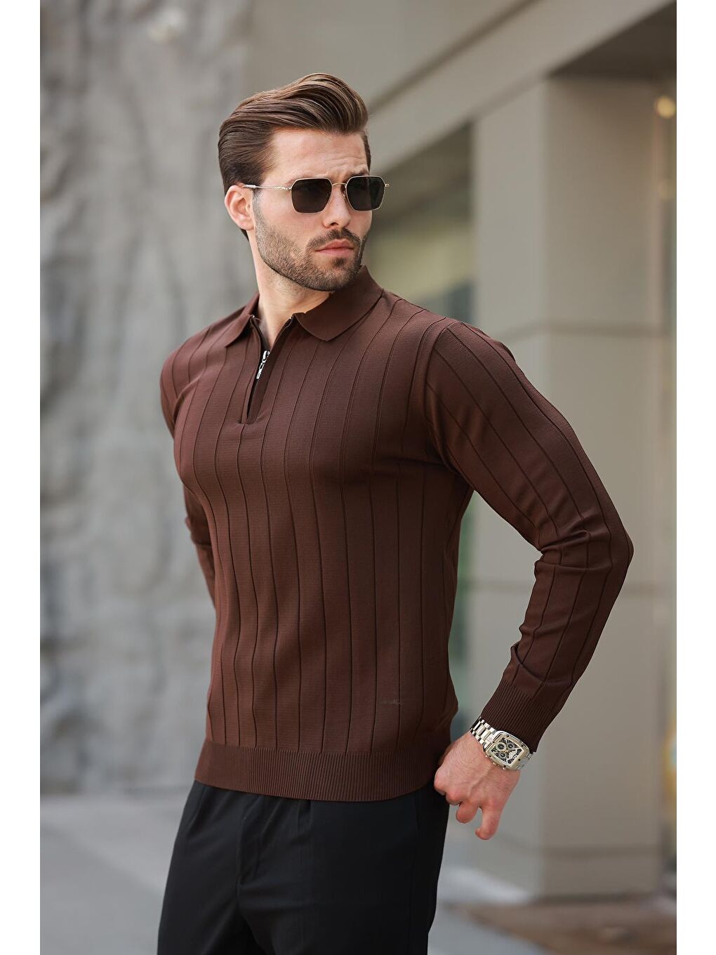 Kahverengi Polo Yaka Fermuarlı Örme Kazak-3