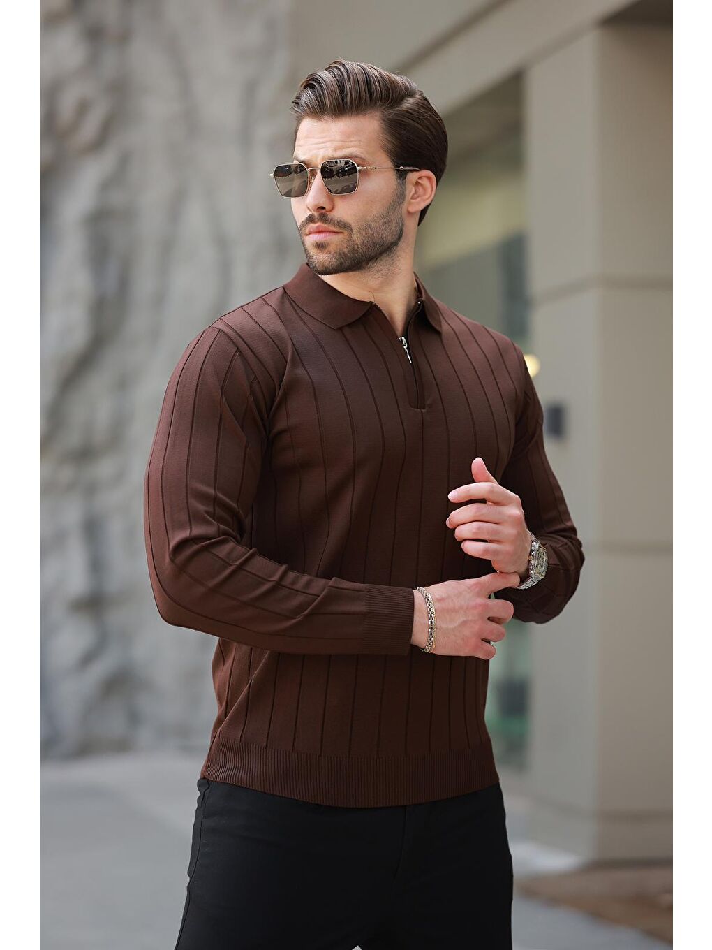 Kahverengi Polo Yaka Fermuarlı Örme Kazak-4