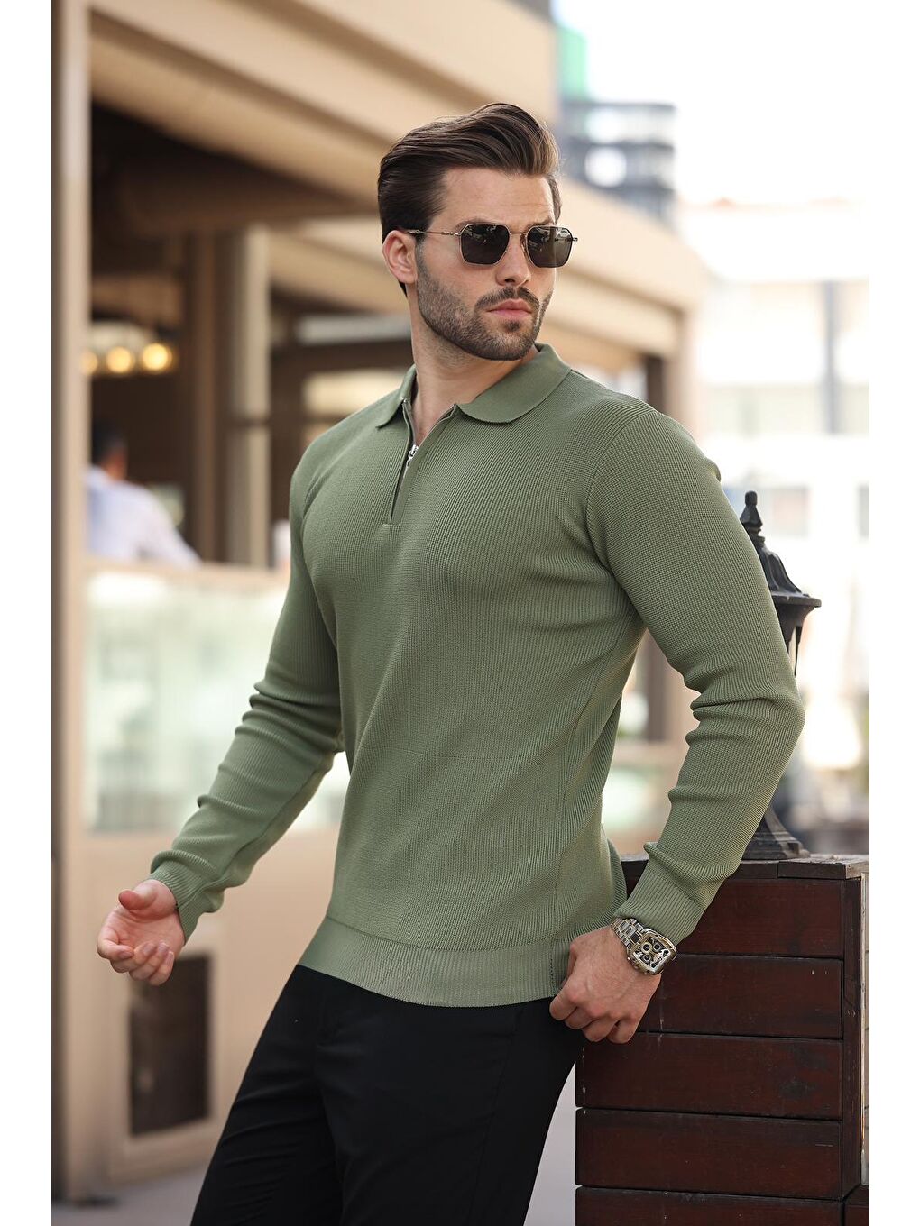 Haki Polo Yaka Fermuarlı Uzun Kollu Erkek Kazak 7240-1