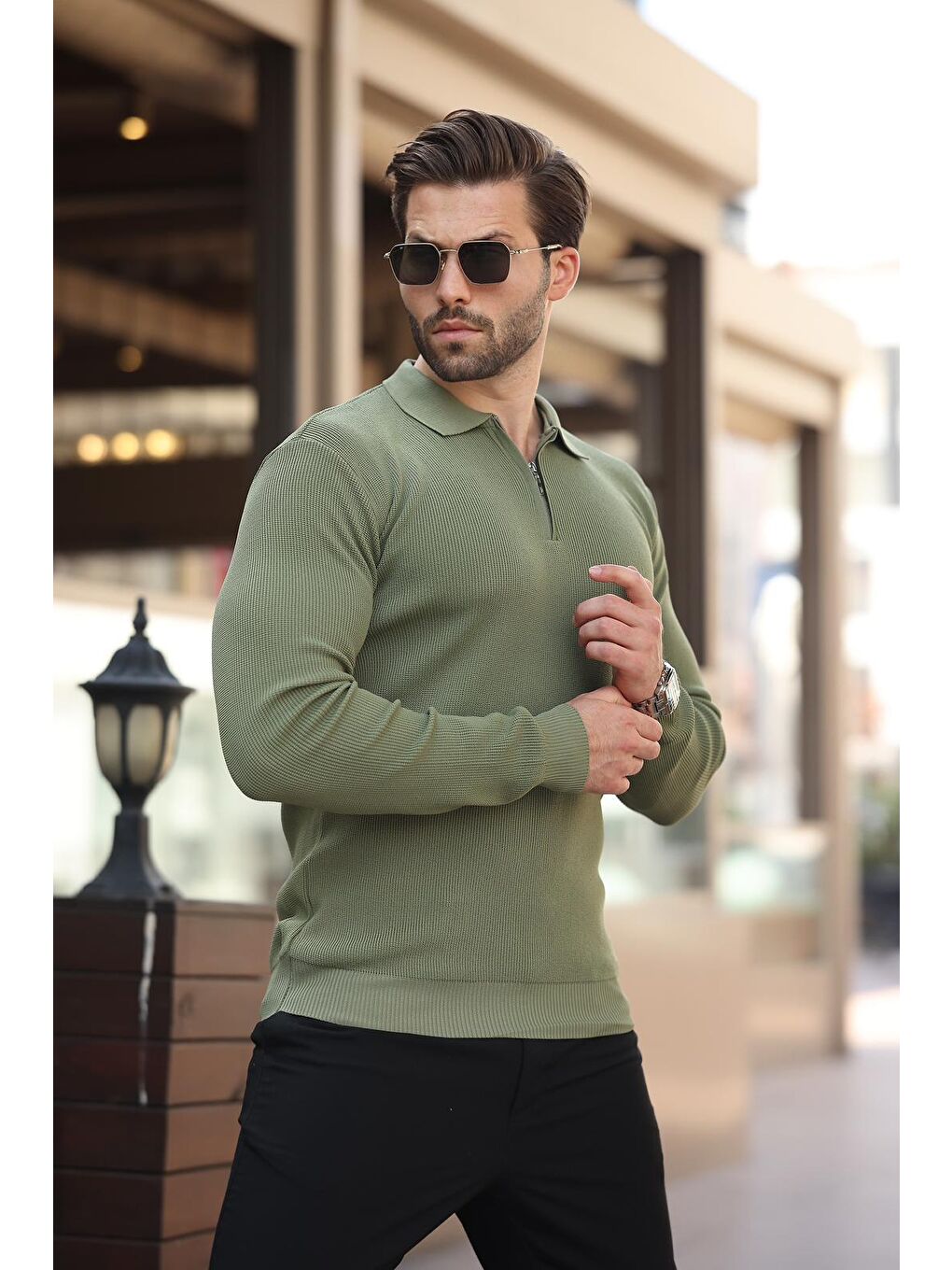 Haki Polo Yaka Fermuarlı Uzun Kollu Erkek Kazak 7240-2