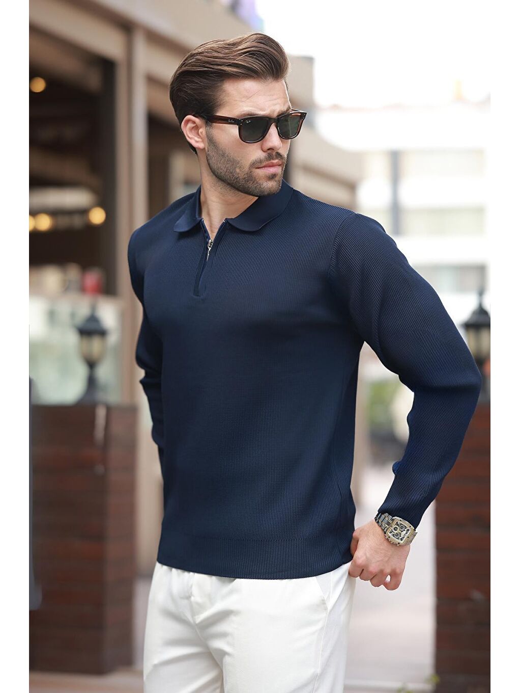 Lacivert Polo Yaka Fermuarlı Uzun Kollu Erkek Kazak 7240-1