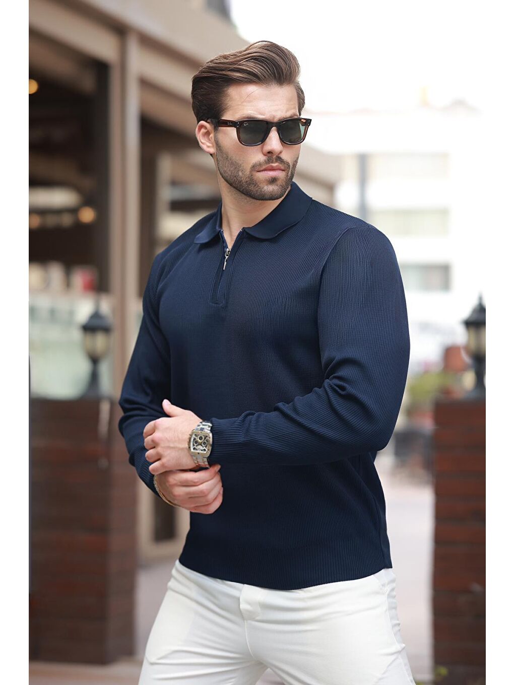 Lacivert Polo Yaka Fermuarlı Uzun Kollu Erkek Kazak 7240-2