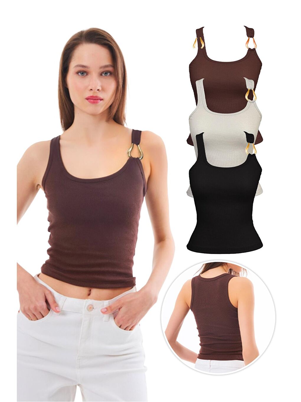 Karışık Pamuklu Kalın Askılı Fitilli Toka Detaylı Kadın Atlet 3'Lü Paket-1