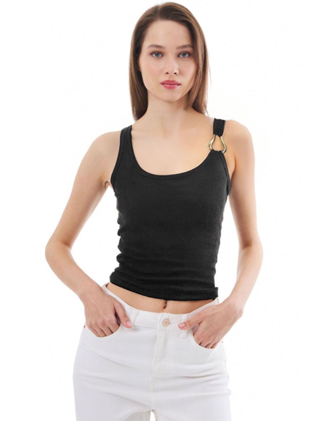 Siyah Pamuklu Kalın Askılı Fitilli Toka Detaylı Kadın Atlet-1