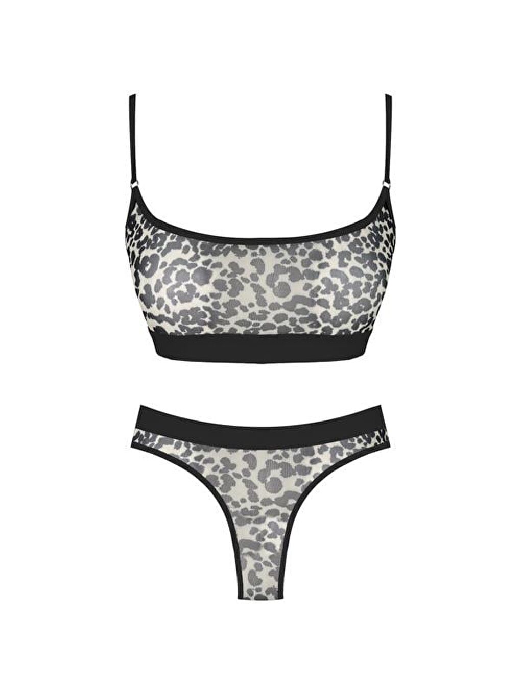 Bej Ten Leopar Desenli Ayarlanabilir Askılı Transparan Tüllü Kadın Sütyen Takımı