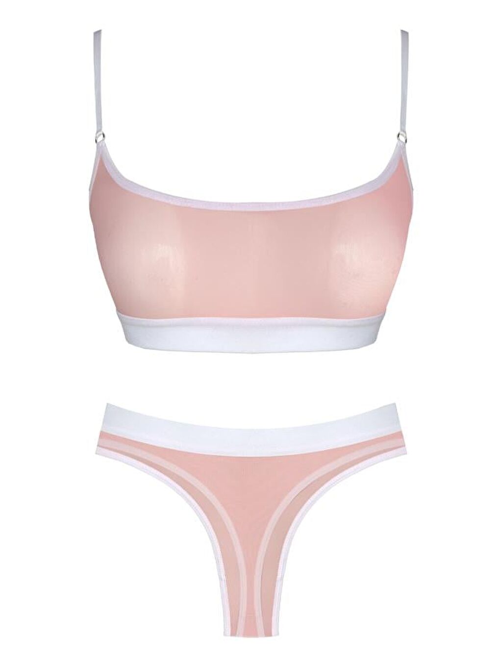 Pembe Pudra Beyaz Lastik Detaylı Transparan Tüllü Ayarlanabilir Askılı Kadın Sütyen Takımı