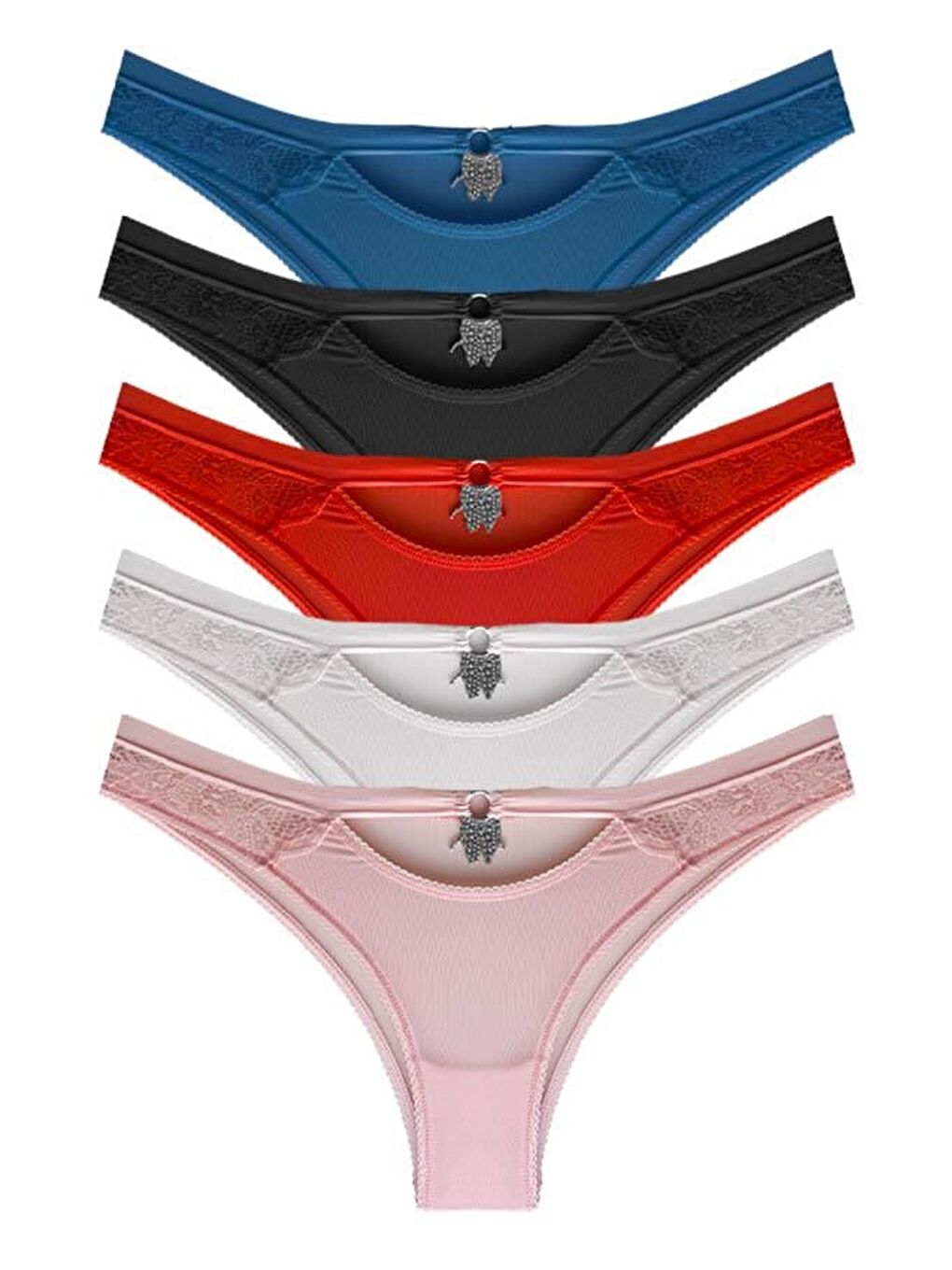 Karışık Transparan Tül Dantel Ve Taş Detaylı Kadın Brezilya Külot 5'Li Paket