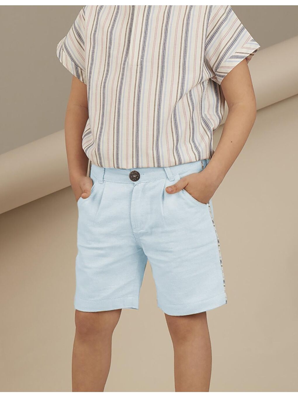 Buz Mavisi Erkek Çocuk Keten Görünümlü Şort