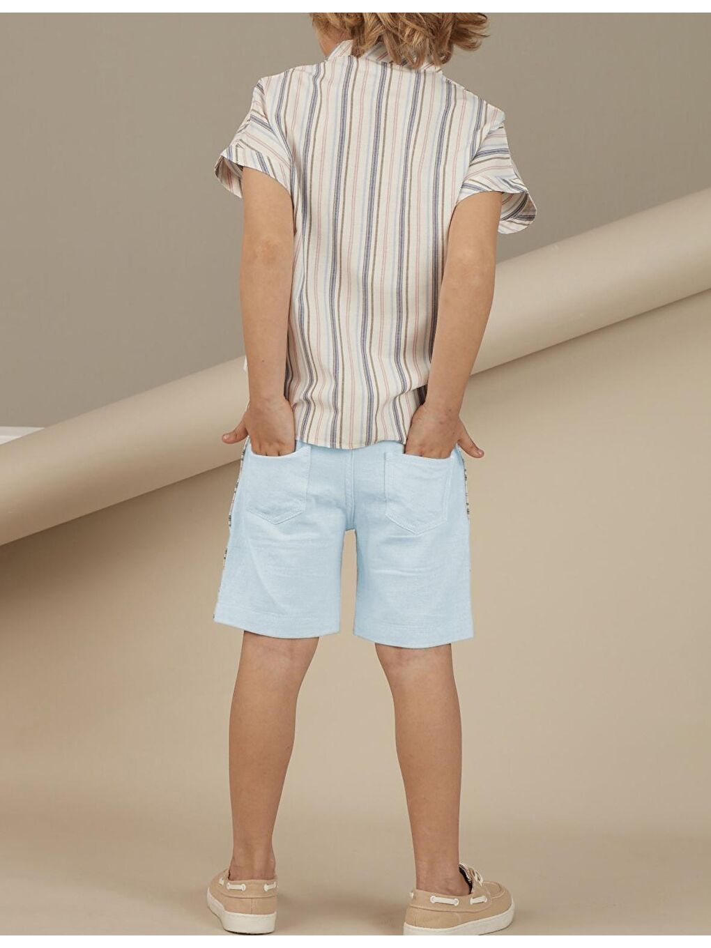 Buz Mavisi Erkek Çocuk Keten Görünümlü Şort-1