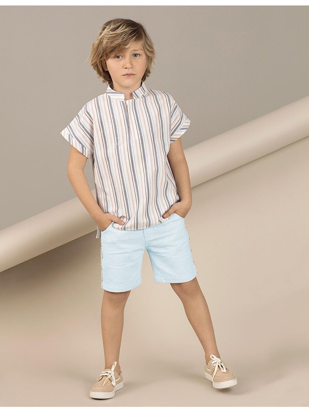 Bej Çizgili Dokuma Erkek Çocuk Gömlek
