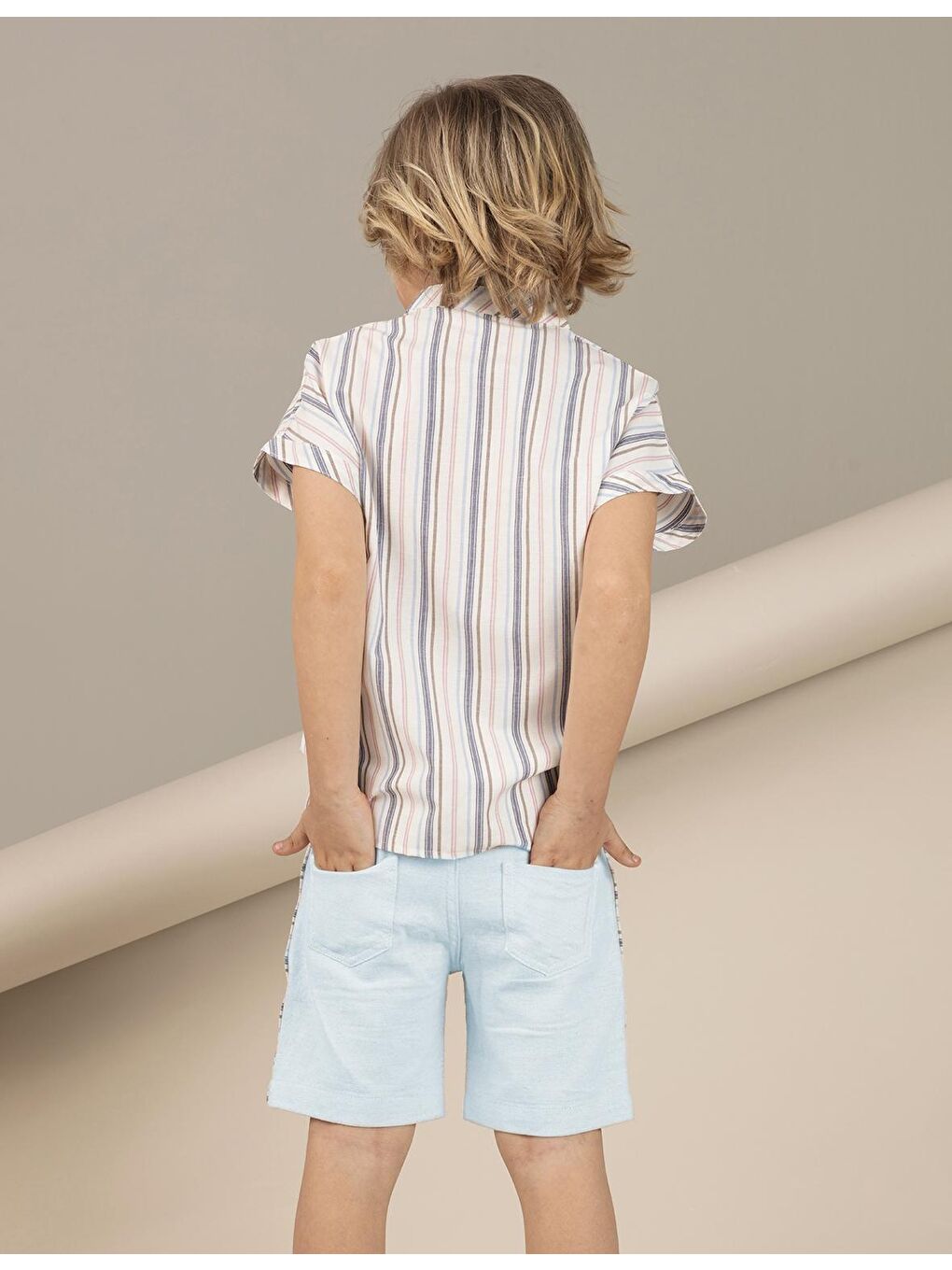 Bej Çizgili Dokuma Erkek Çocuk Gömlek-1