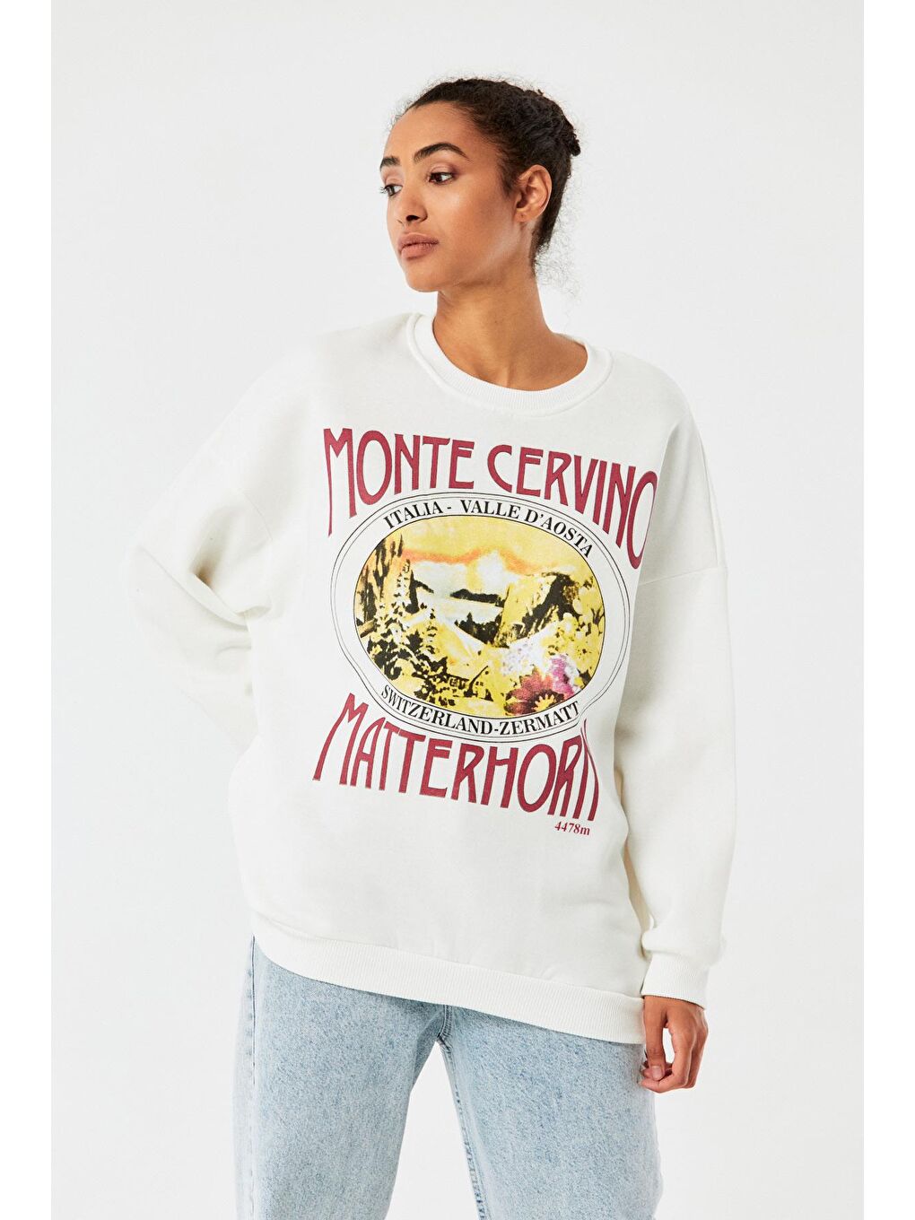 Ekru Baskılı Bisiklet Yaka Oversize Sweatshirt-1