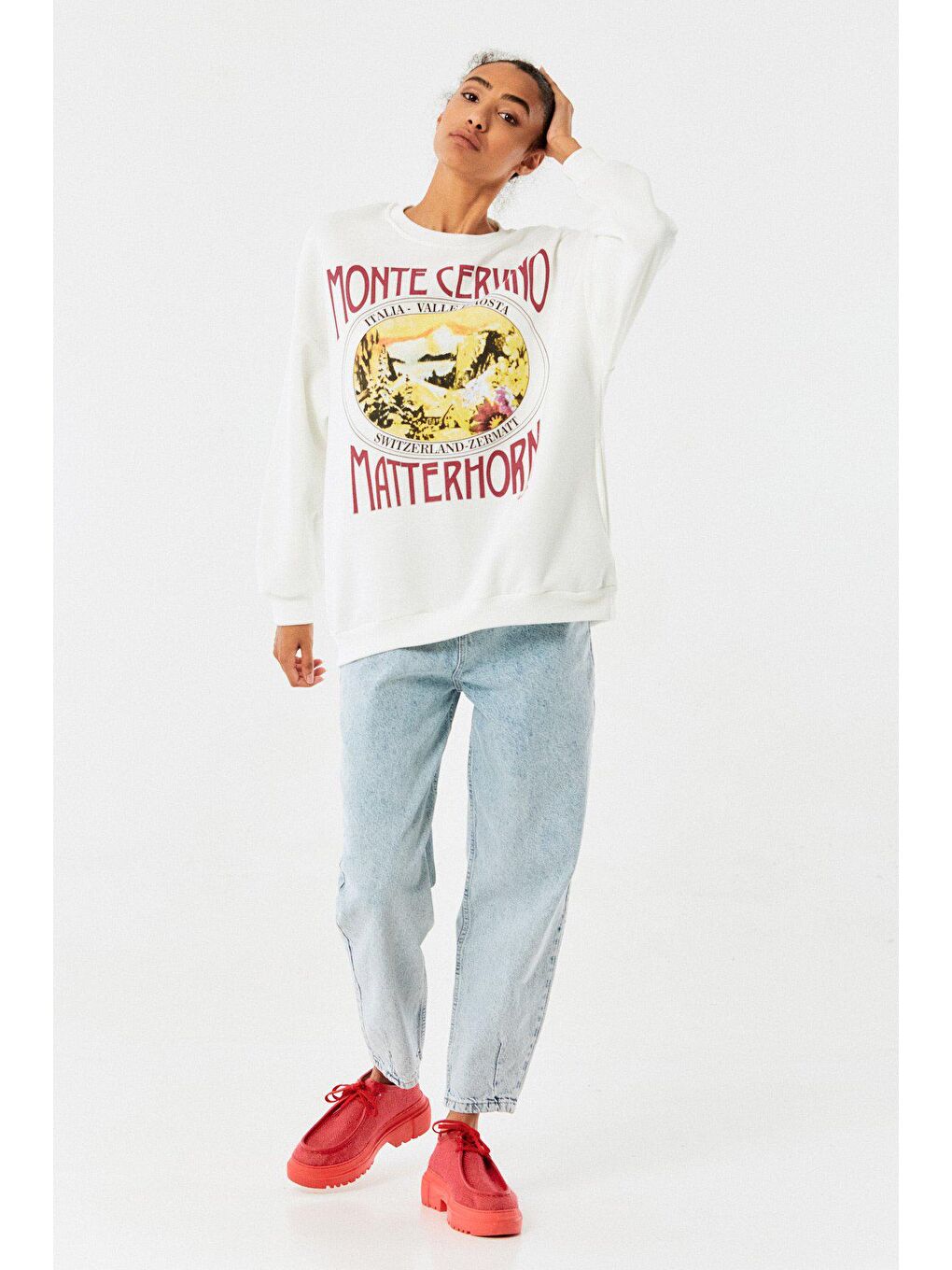 Ekru Baskılı Bisiklet Yaka Oversize Sweatshirt-2