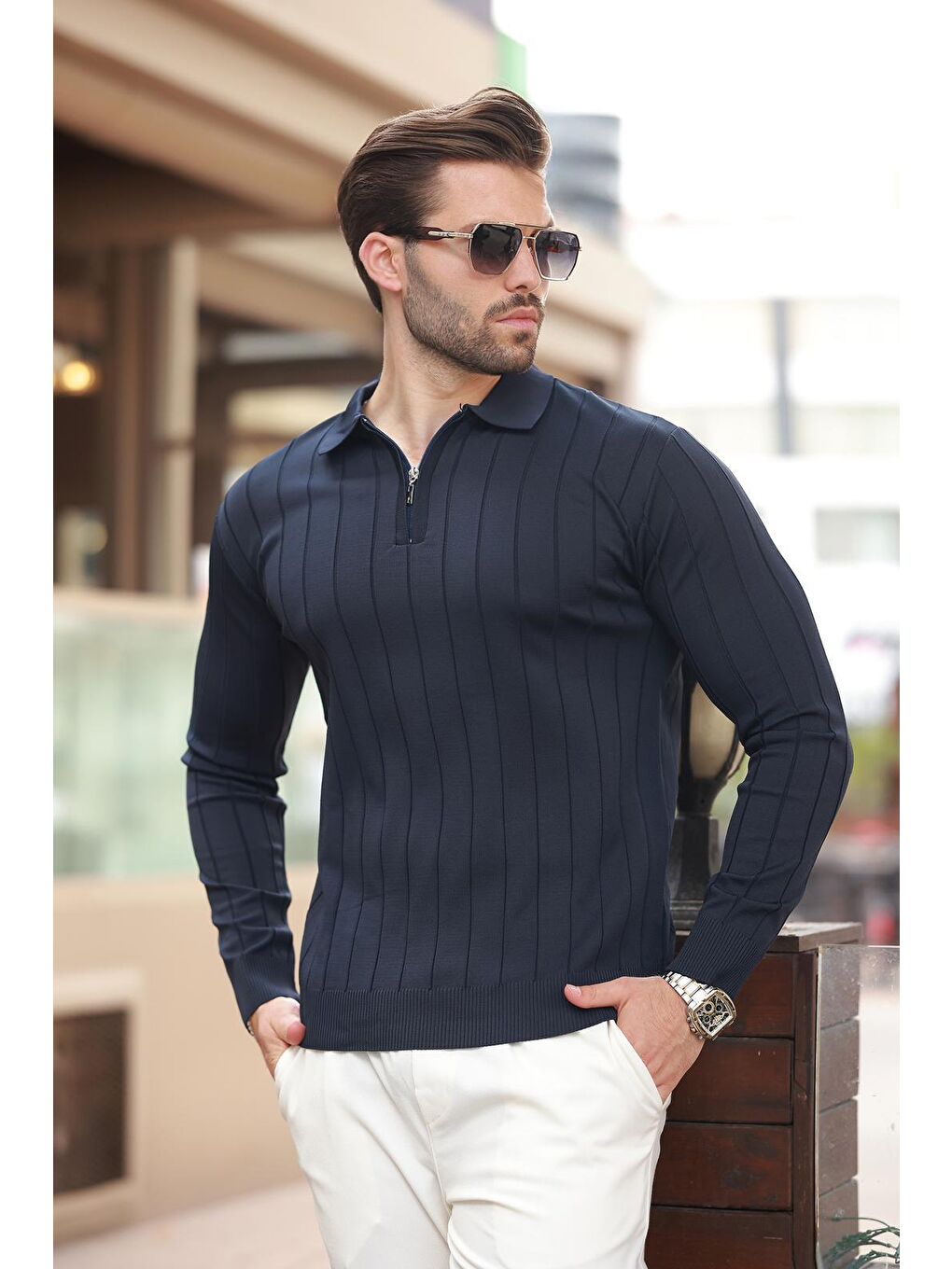 Lacivert Polo Yaka Fermuarlı Örme Kazak-2