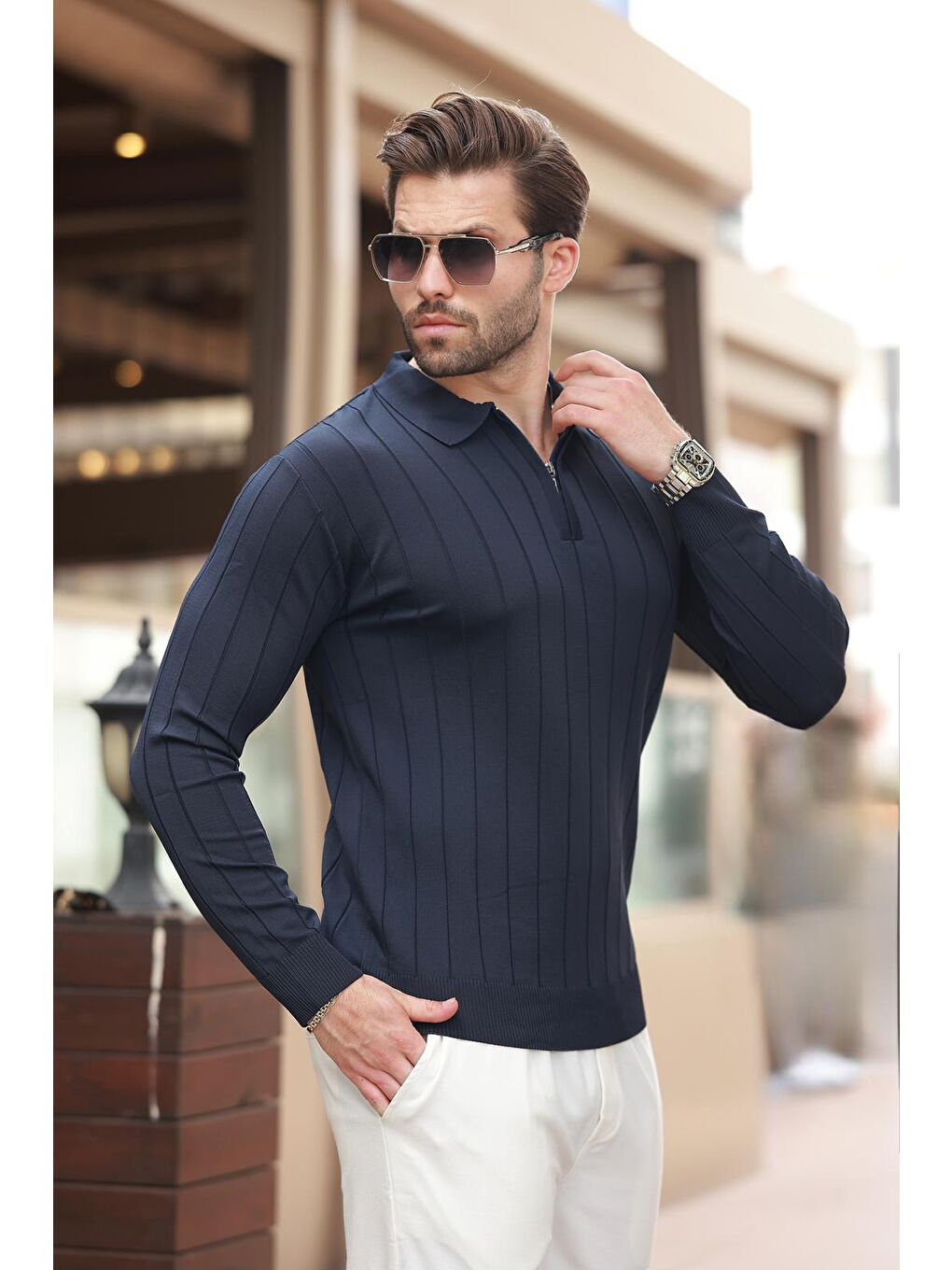 Lacivert Polo Yaka Fermuarlı Örme Kazak-3