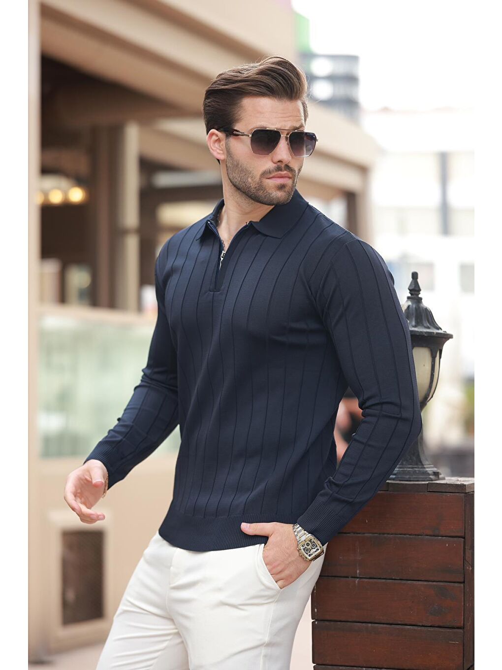 Lacivert Polo Yaka Fermuarlı Örme Kazak-4