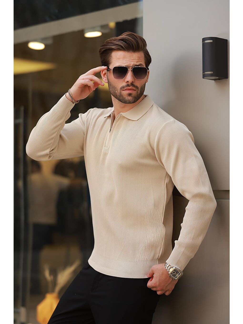 Bej Polo Yaka Fermuarlı Uzun Kollu Erkek Kazak 7240-1