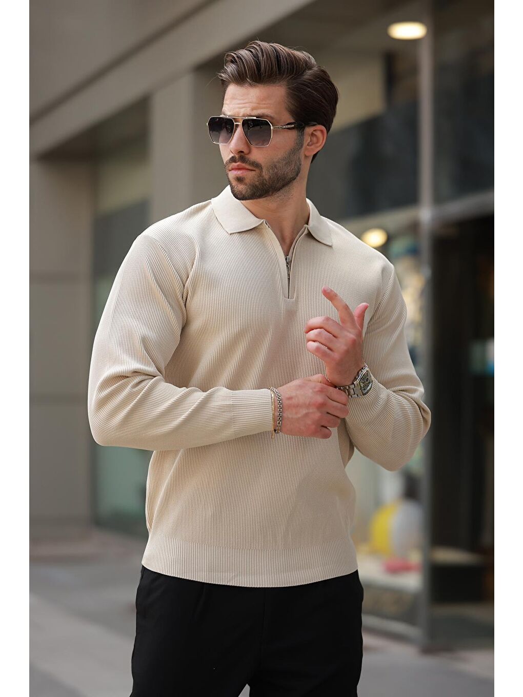 Bej Polo Yaka Fermuarlı Uzun Kollu Erkek Kazak 7240-2