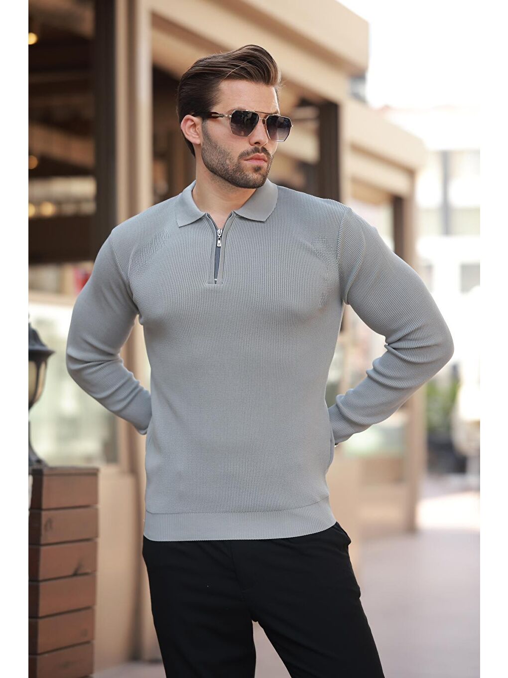 Gri Polo Yaka Fermuarlı Uzun Kollu Erkek Kazak 7240