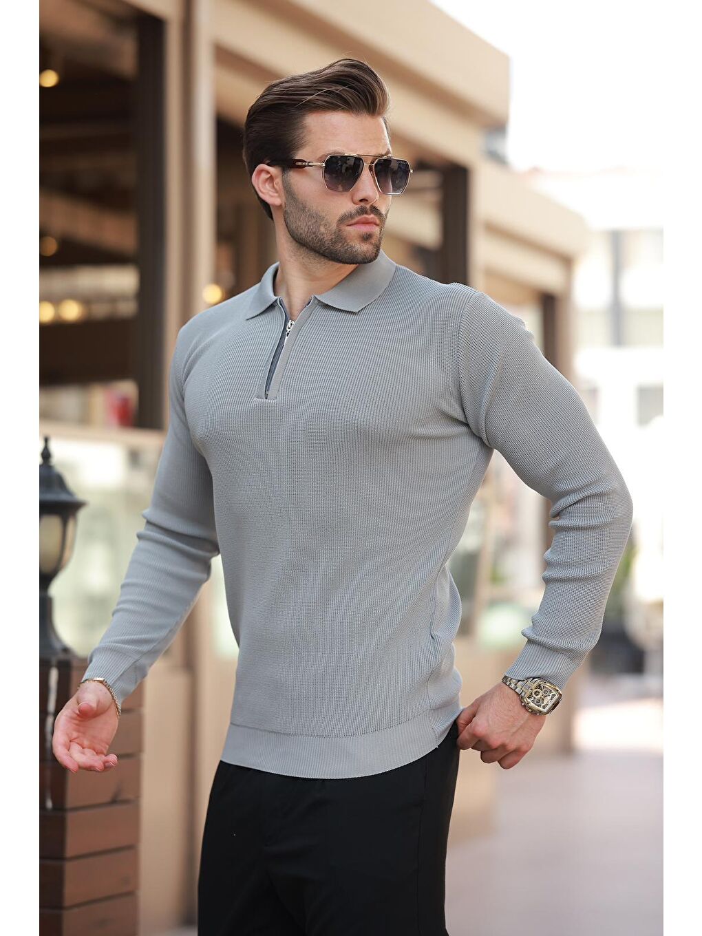 Gri Polo Yaka Fermuarlı Uzun Kollu Erkek Kazak 7240-1