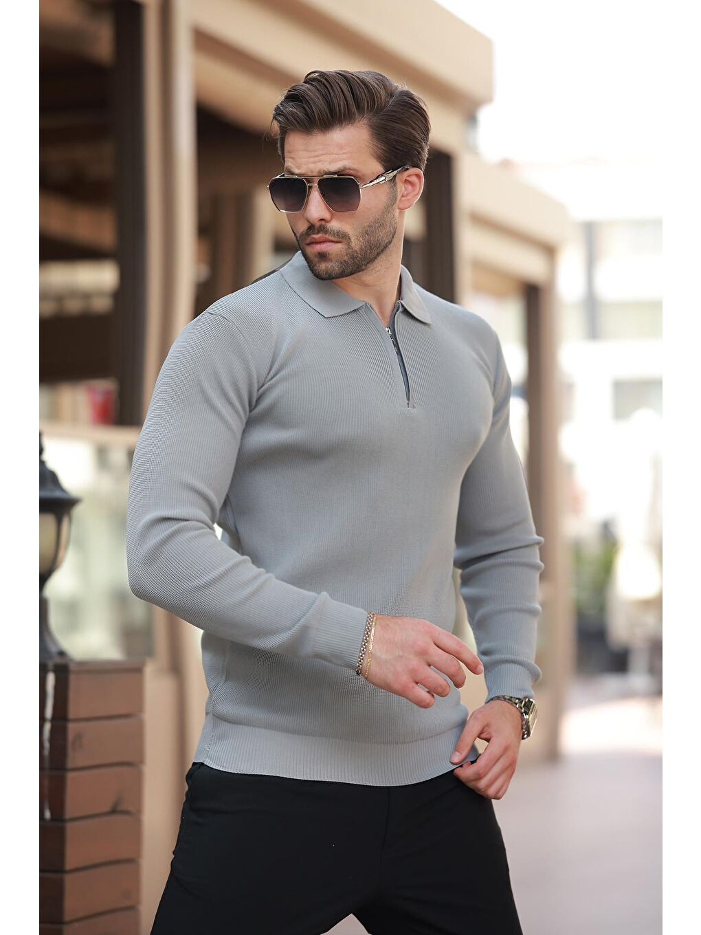 Gri Polo Yaka Fermuarlı Uzun Kollu Erkek Kazak 7240-2