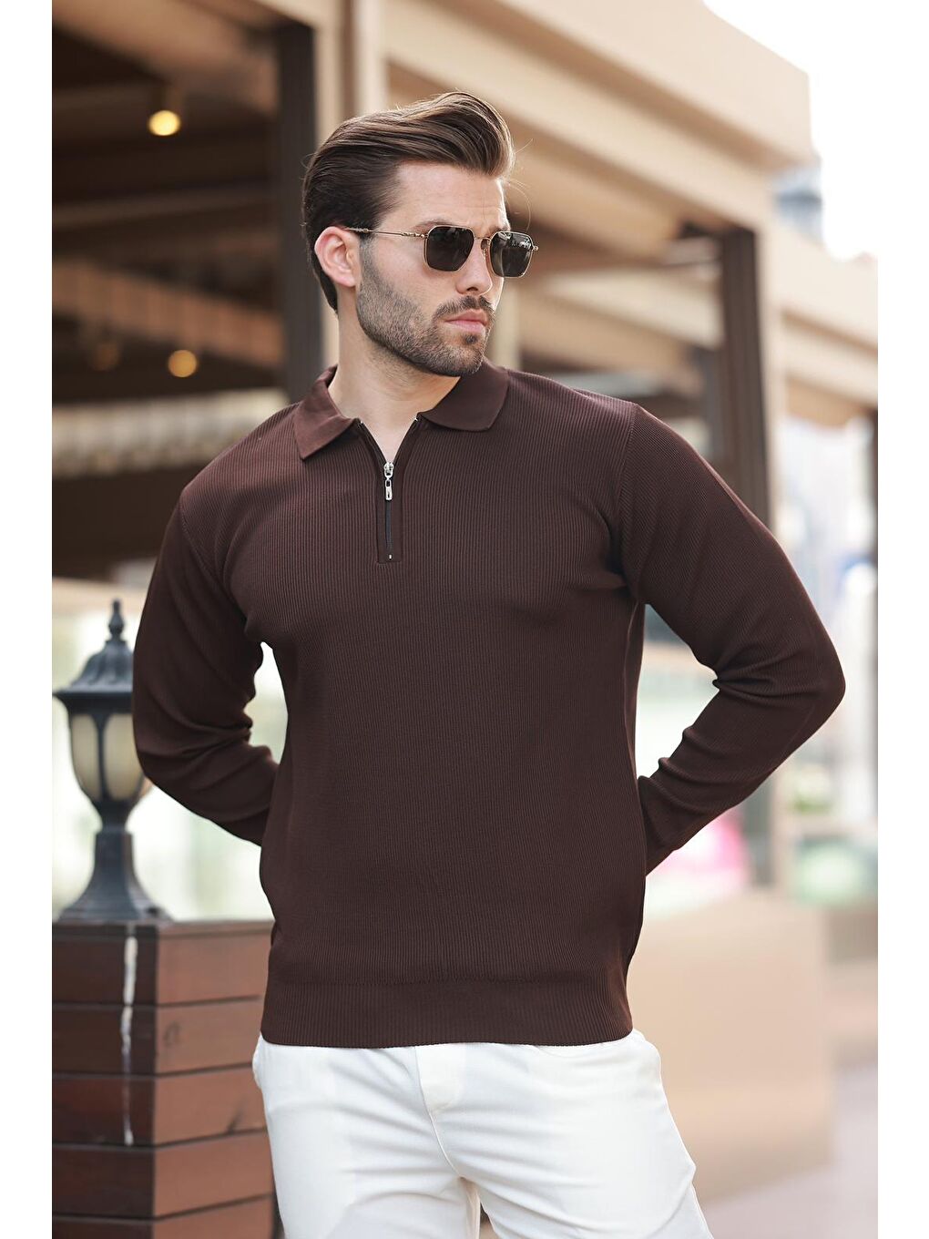 Kahverengi Polo Yaka Fermuarlı Uzun Kollu Erkek Kazak 7240