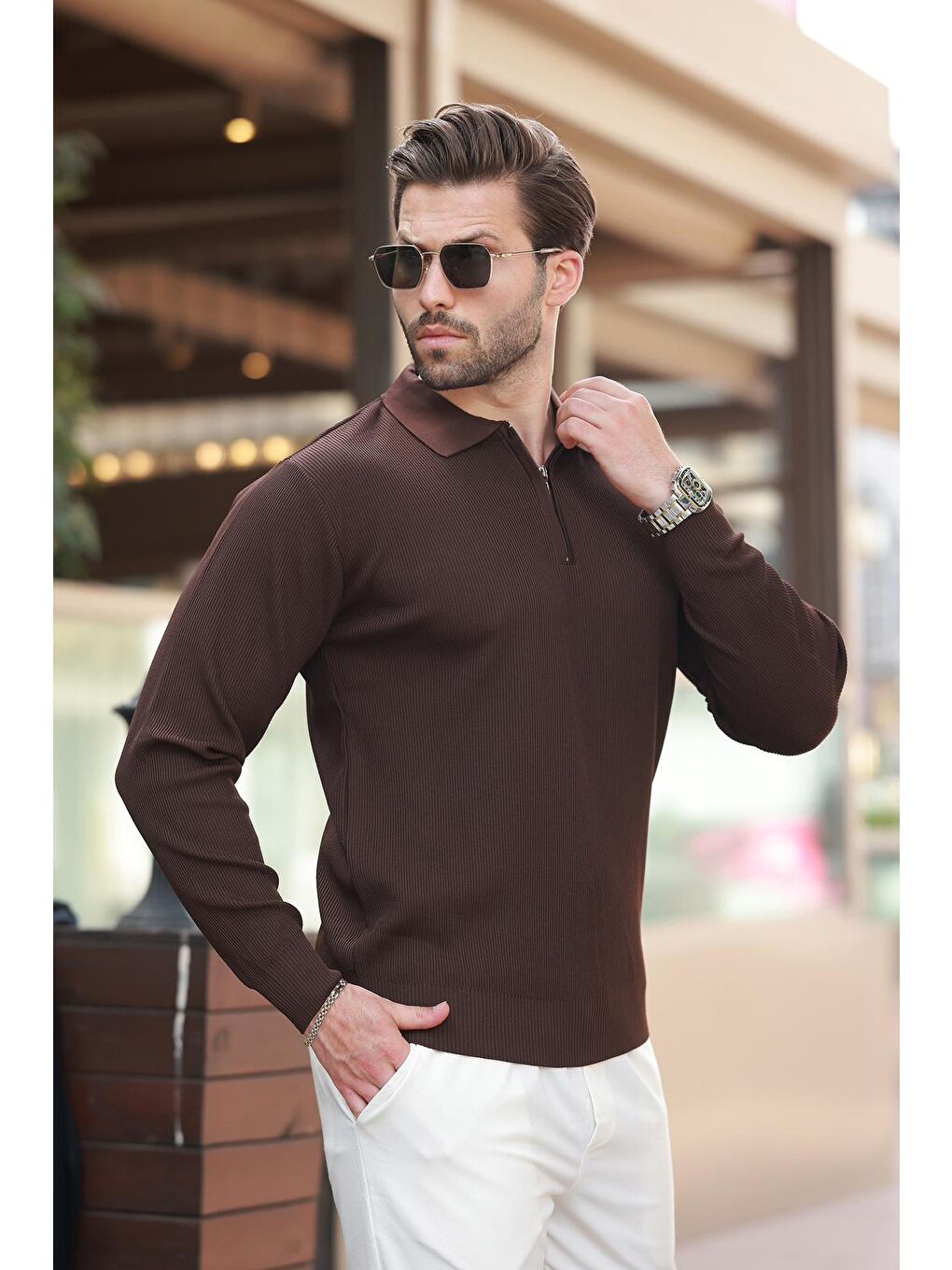 Kahverengi Polo Yaka Fermuarlı Uzun Kollu Erkek Kazak 7240-1